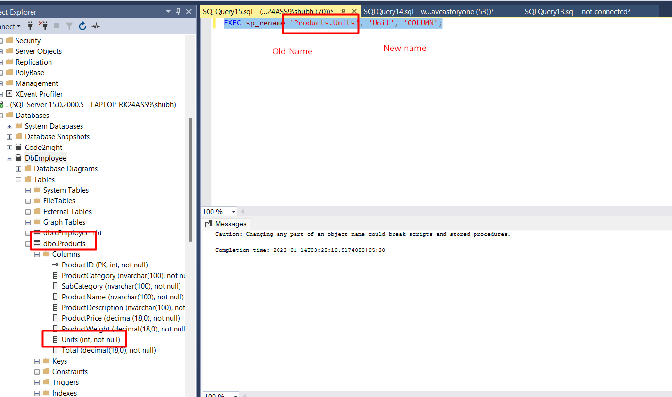 To Rename Table Column In Sql Server